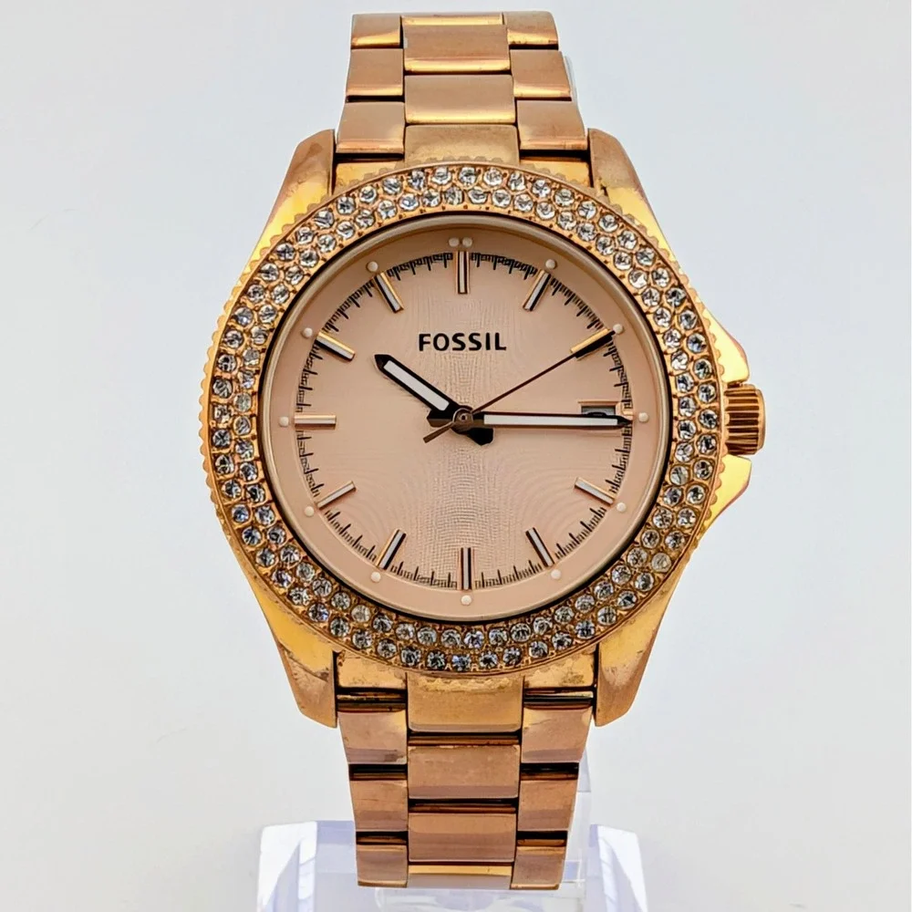 Fossil Retro Traveler AM4454 Watch Rose Gold Crystal Bezel Guilloche Dial 36mm